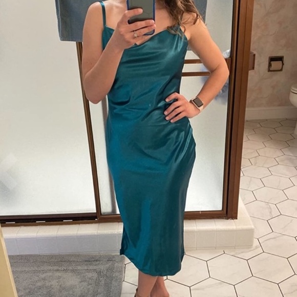 Satin Cowl Neck Midi Dress Turquoise Spaghetti straps - Picture 3 of 11